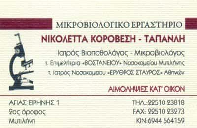 ΜΙΚΡΟΒΙΟΛΟΓΙΚΟ ΕΡΓΑΣΤΗΡΙΟ ΜΥΤΙΛΗΝΗ-ΝΙΚΟΛΕΤΑ ΚΟΡΟΒΕΣΗ ΤΑΠΑΝΛΗ