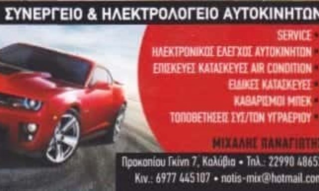 ΜΙΧΑΛΗΣ ΠΑΝΑΓΙΩΤΗΣ | ΣΥΝΕΡΓΕΙΟ – ΗΛΕΚΤΡΟΛΟΓΕΙΟ ΑΥΤΟΚΙΝΗΤΩΝ | ΚΑΛΥΒΙΑ ΘΟΡΥΚΟΥ