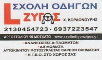 ΣΧΟΛΗ ΟΔΗΓΩΝ ΖΥΓΟΣ – ΚΟΡΔΟΝΟΥΡΗΣ ΧΡΗΣΤΟΣ – ΣΧΟΛΗ ΟΔΗΓΩΝ ΜΟΣΧΑΤΟ ΑΤΤΙΚΗ